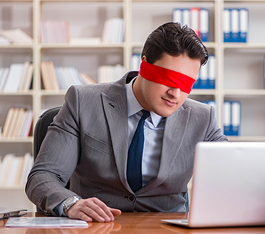 Man blindfolded at computer