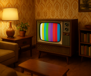 TV in 1970s living room showing test pattern