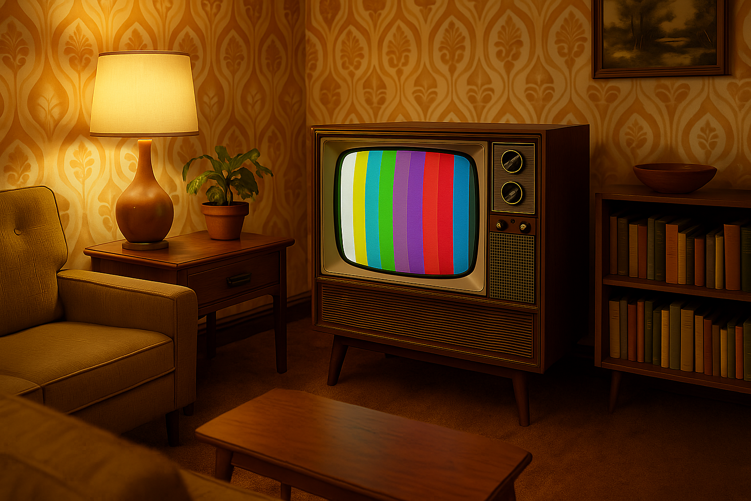 TV in 1970s living room showing test pattern